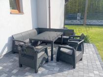 Aranżacja: Zestaw dla 10 osób z narożnikiem, stołem obiadowym i trzema fotelami Rellme VII grafitowy