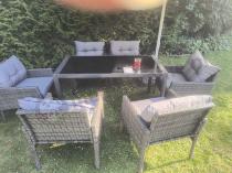 Aranżacja: Zestaw mebli obiadowych na taras - stół 140cm + 6 foteli technorattanowych