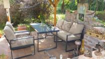 Aranżacja: Zestaw mebli tarasowych - sofa 175cm, 2 fotele, stolik szklany blat - Panaon Dining Elite Beige