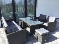Aranżacja: Zestaw mebli z sofą 186cm, wysokim stołem, fotelami i pufami Cofete Dining – Anthracite