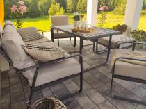 Aranżacja: Zestaw metalowych mebli ogrodowych - sofa, 2 fotele, pufy i stół 120cm Ater Dining - Beige