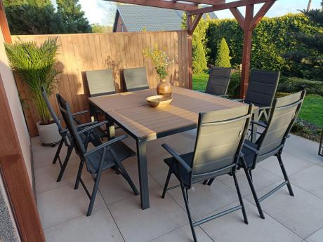 Aluminiowe meble obiadowe - stół 150cm i 6 składanych krzeseł - Kanbery Wood Antracite 6+1