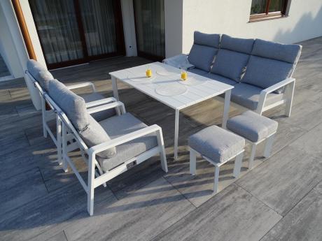 Aluminiowy komplet białych mebli na taras z regulowanymi fotelami, sofą i stołem obiadowym - Renalo Dining Relax White