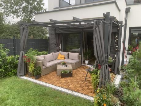 Antracytowa pergola tarasowa z zasłonami 3x4 aluminium Kirn 2.0 Szary