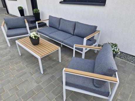 Biały komplet aluminiowych mebli ogrodowych dla 5 osób z sofą 190cm Stine