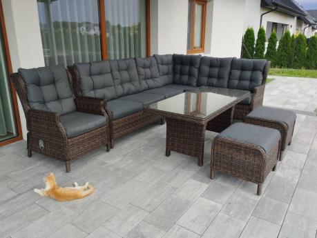 Brązowy narożnik z technorattanu Laritto 251x195cm z wysokim stołem i fotelem - Dark Brown