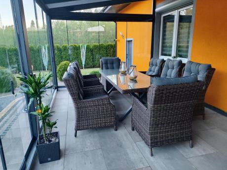 Brązowy stół obiadowy z nogą X 220cm i 8 foteli Laritto - Dark Brown