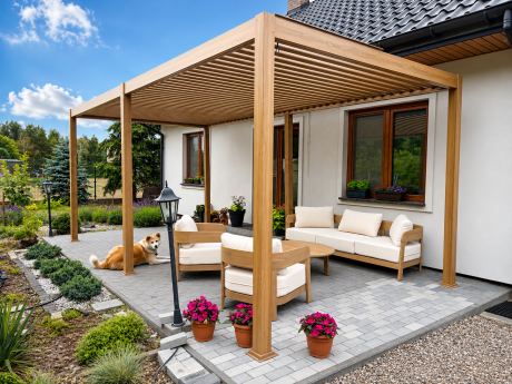 Drewnopodobna pergola tarasowa 3x6 z oświetleniem zasłonami i moskitierami Nefir 2.0 - Woodlook