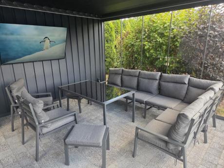 Duży narożnik ogrodowy metalowy 294x184cm Doros Corner XXL z 2 fotelami, 2 pufami i stołem 160cm wysokie oparcia - Dark Grey