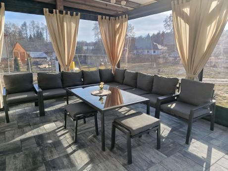 Grafitowe nowoczesne meble tarasowe dla 11 osób Sodor Corner XXL narożnik z 2 fotelami i 2 pufami - Dark Grey