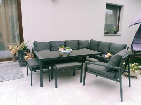 Grafitowy narożnik na taras z fotelem - metalowy stelaże - Sodor Corner XL - Dark Grey
