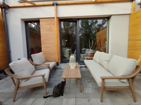 Komplet mebli aluminiowych na taras dla 5 osób - Else Set - Creme, drewnopodobny