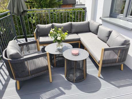 Komplet mebli na taras aluminiowy dla 6 os. narożnik z fotelem i dwoma stolikami rope style premium Narello - Antracite