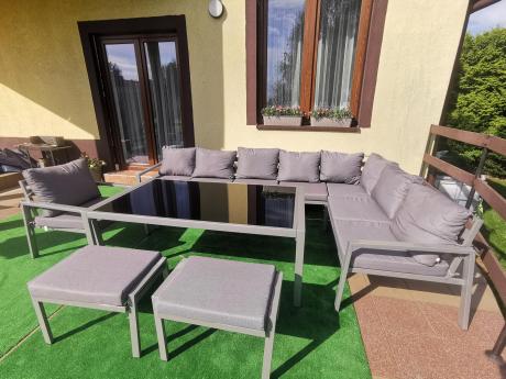 Komplet mebli tarasowych dla 10 osób - narożnik, fotel i pufy - Sodor Corner XXL - Silver