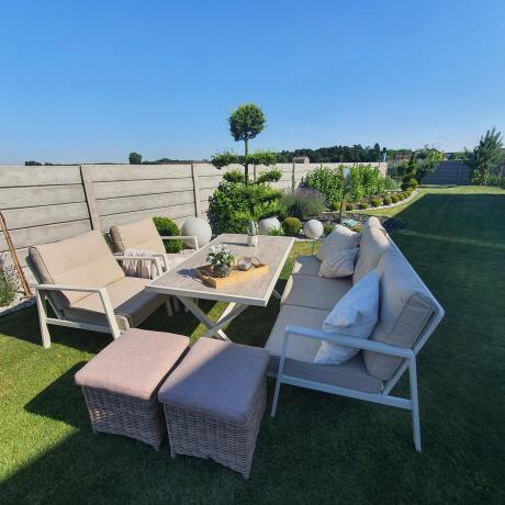 Komplet mebli tarasowych dla 5 osób z sofą 190cm - Elke Dining - White