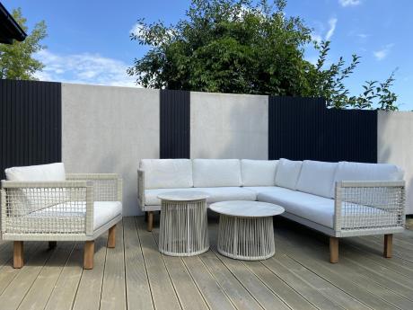 Kremowy komplet ogrodowy dla 6 osób z narożnikiem premium - aluminium - Rivia Cream