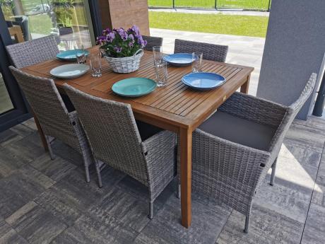 Meble ogrodowe na taras dla 6 osób stół obiadowy 150x90cm technorattan Flavio 6+1