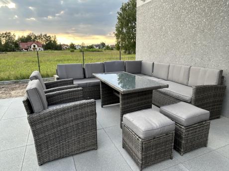 Meble technorattan narożnik, stół, pufy i fotele Cofete Dark Grey Plus
