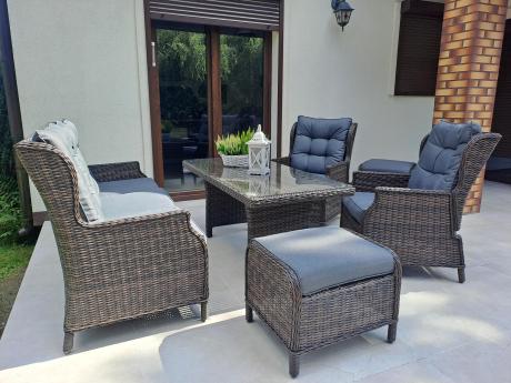 Meble technorattanowe premium na taras Laritto Dining + pufy - Dark Brown