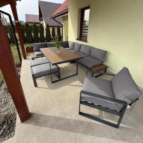 Metalowy narożnik ogrodowy 280x220cm ze stołem obiadowym i fotelem Panaon Grey Teak