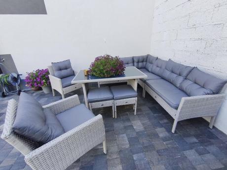 Narożnik technorattan ze stołem 120x70cm i fotelami Perata Corner Plus Light Grey