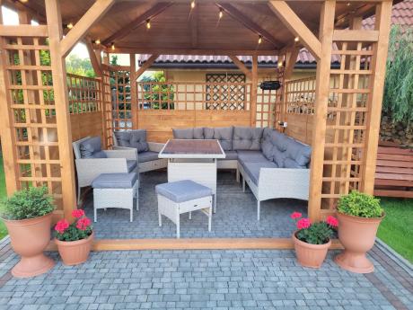 Narożnik technorattan ze stołem 120x70cm i fotelami Perata Corner Plus Light Grey