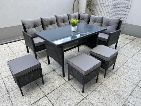 Narożnik z technorattanu 190x140cm z wysokim stołem i 3 pufami Torino Corner Anthracite
