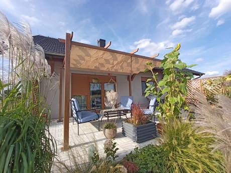 Pergola ogrodowa z materiałowym dachem Kirn 2.0 3x4 Aluminium - Cream Wood
