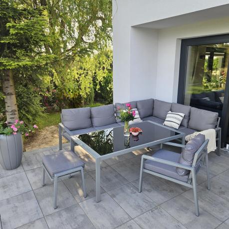 Szare nowoczesne meble ogrodowe - modułowy narożnik 184x239cm i fotel - Sodor Corner XL - Silver