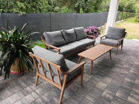 Aluminiowy zestaw mebli ogrodowych, kolor drewniany, szare poduszki dla 5 osób z sofą 200cm - Else Set - Grey
