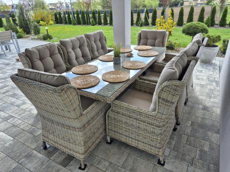 Technorattanowe meble obiadowe - stół z nogą X + 8 foteli - Laritto Beige