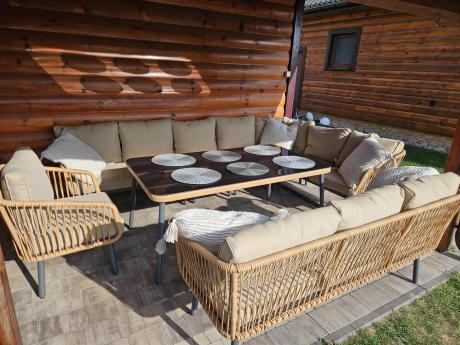 Naturalny beżowy narożnik na taras dla 10 osób z grubymi poduszkami Postigo Corner XXL
