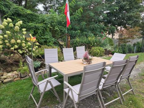 Zestaw ogrodowy stół 180cm i 8 regulowanych krzeseł aluminiowych - Kanbery Wood Taupe 8+1