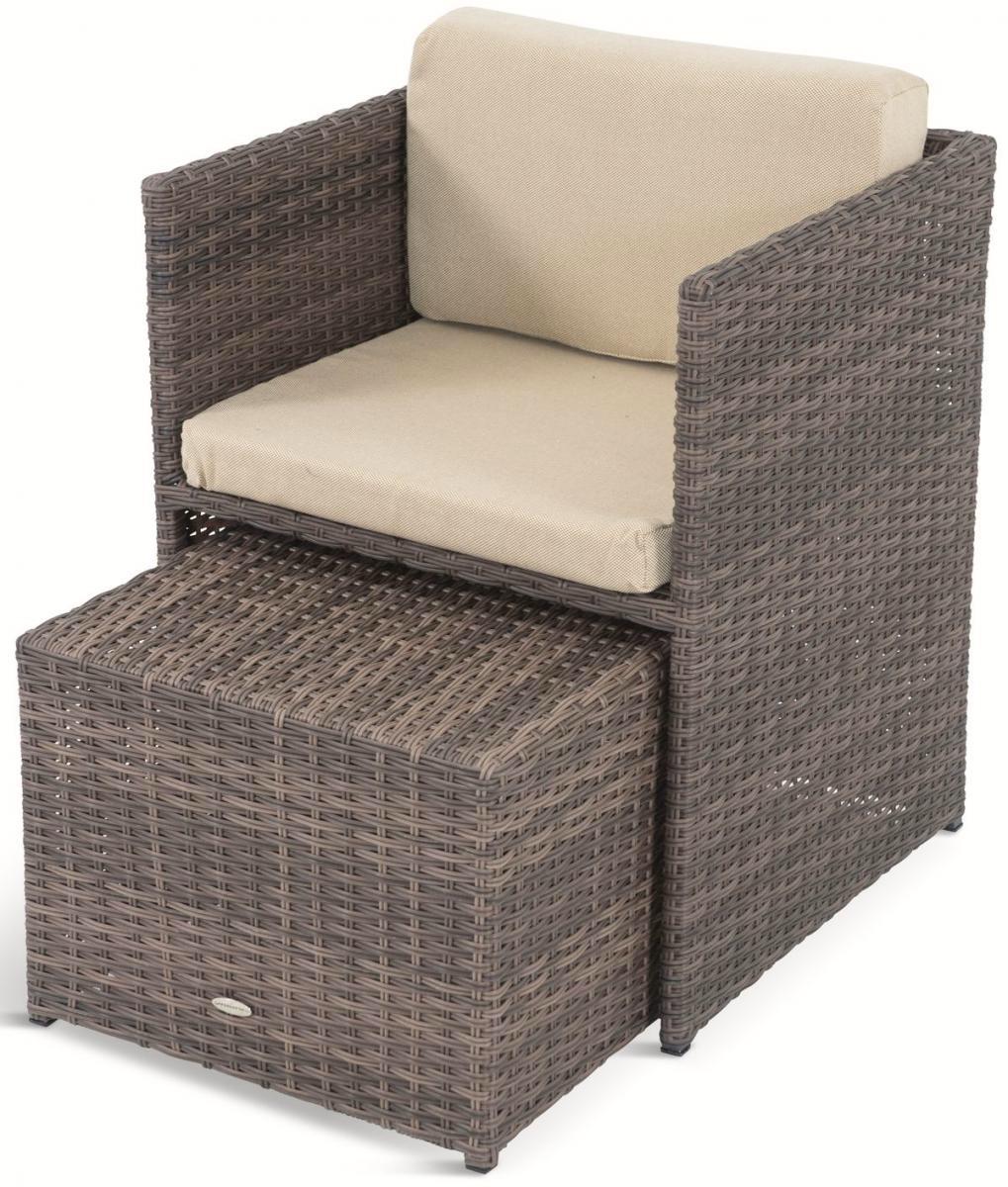 meble technorattanowe kostka brązowe - fotel z pufą