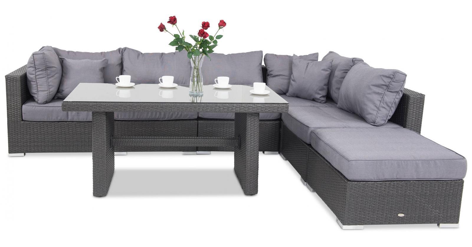 meble technorattanowe szare z dużym stołem obiadowym