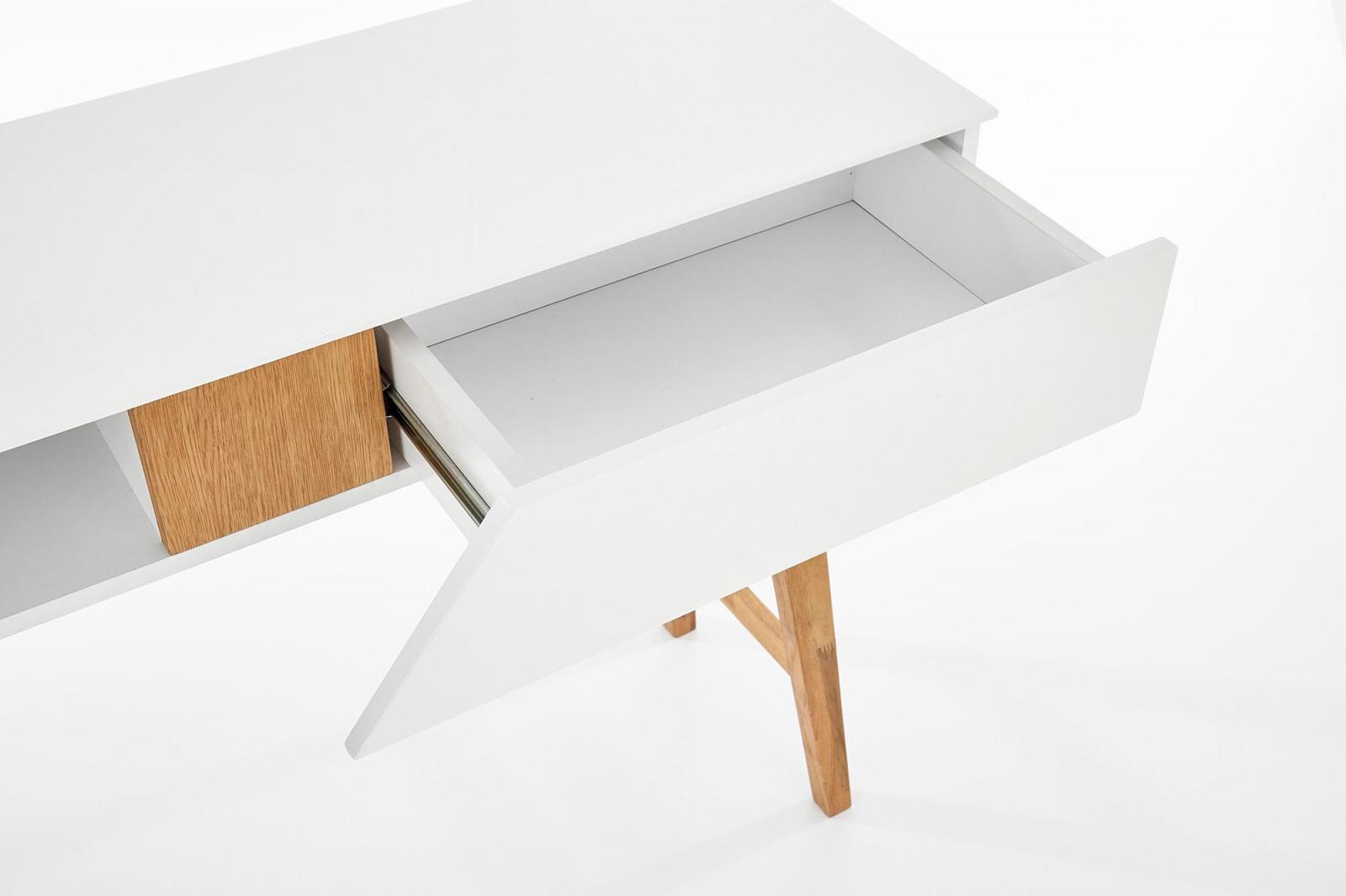 Biała toaletka na drewnianych nogach z szufladą