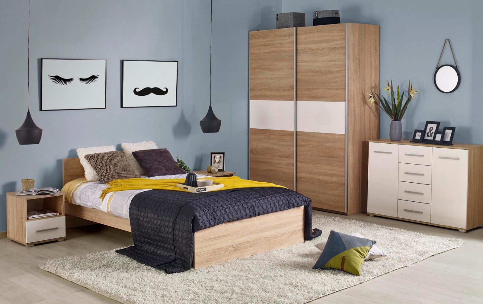 Nowoczesna sypialnia biel wysoki połysk i dąb sonoma - aranżacja