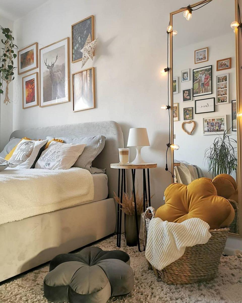 szare łóżko minimalistyczne