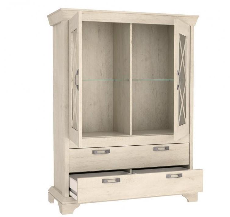 Biała witryna KSMV64-D43 ze szklanymi półkami i szufladami