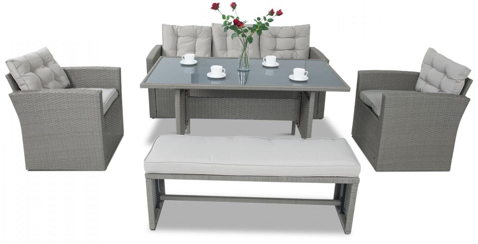 jasnoszary zestaw mebli ogrodowy z sofą, fotelami i ławką