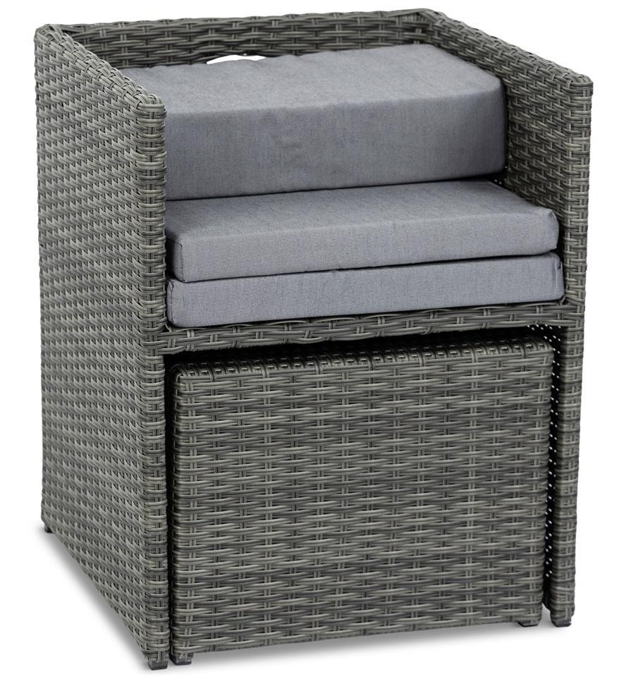 meble technorattanowe kostka brązowe - fotel z pufą