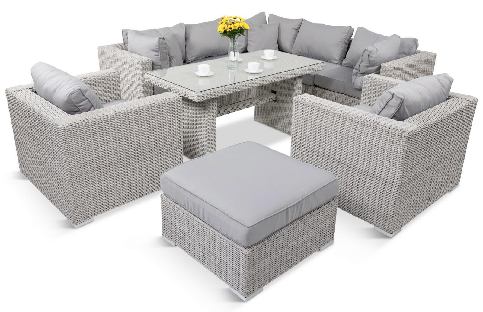 elegancki biały narożnik modułowy z technorattanu z dwoma fotelami