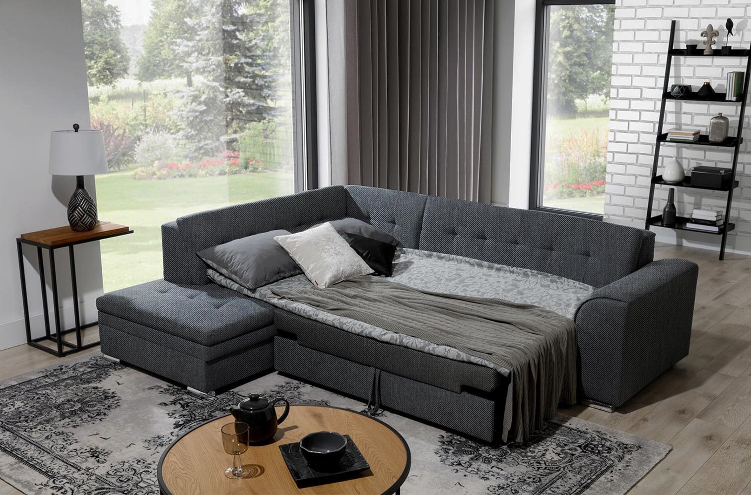 Pikowany narożnik z funkcją spania Pieretta ciemnoszary - aranżacja