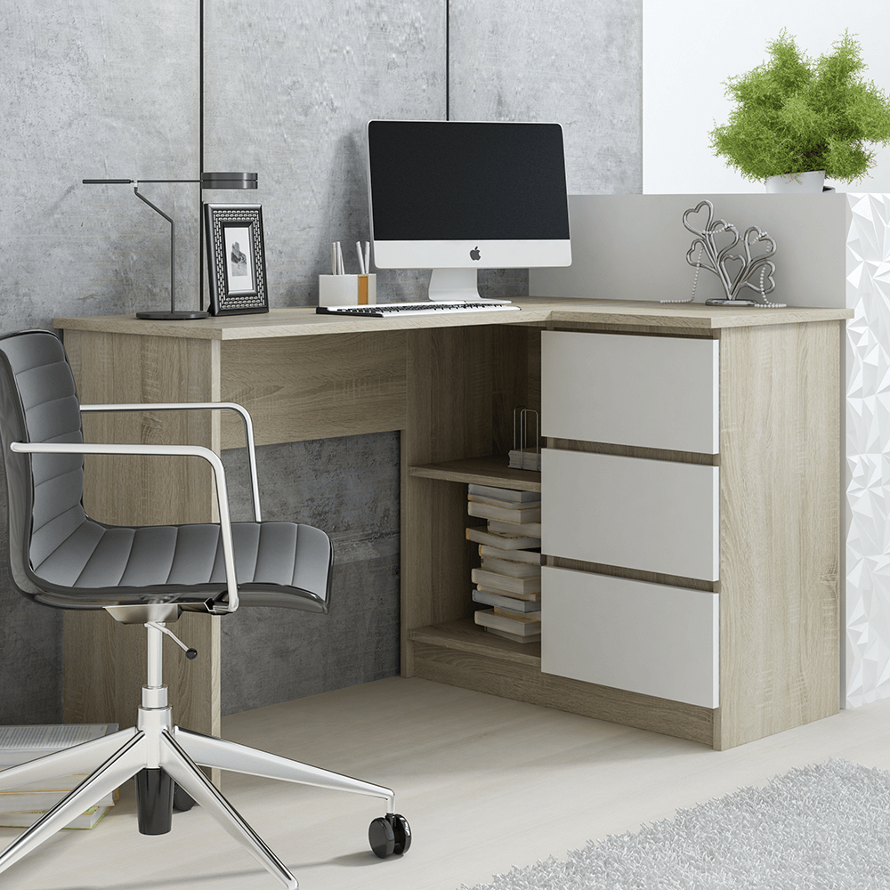 biurko narożne Aida dąb sonoma + biały - aranżacja