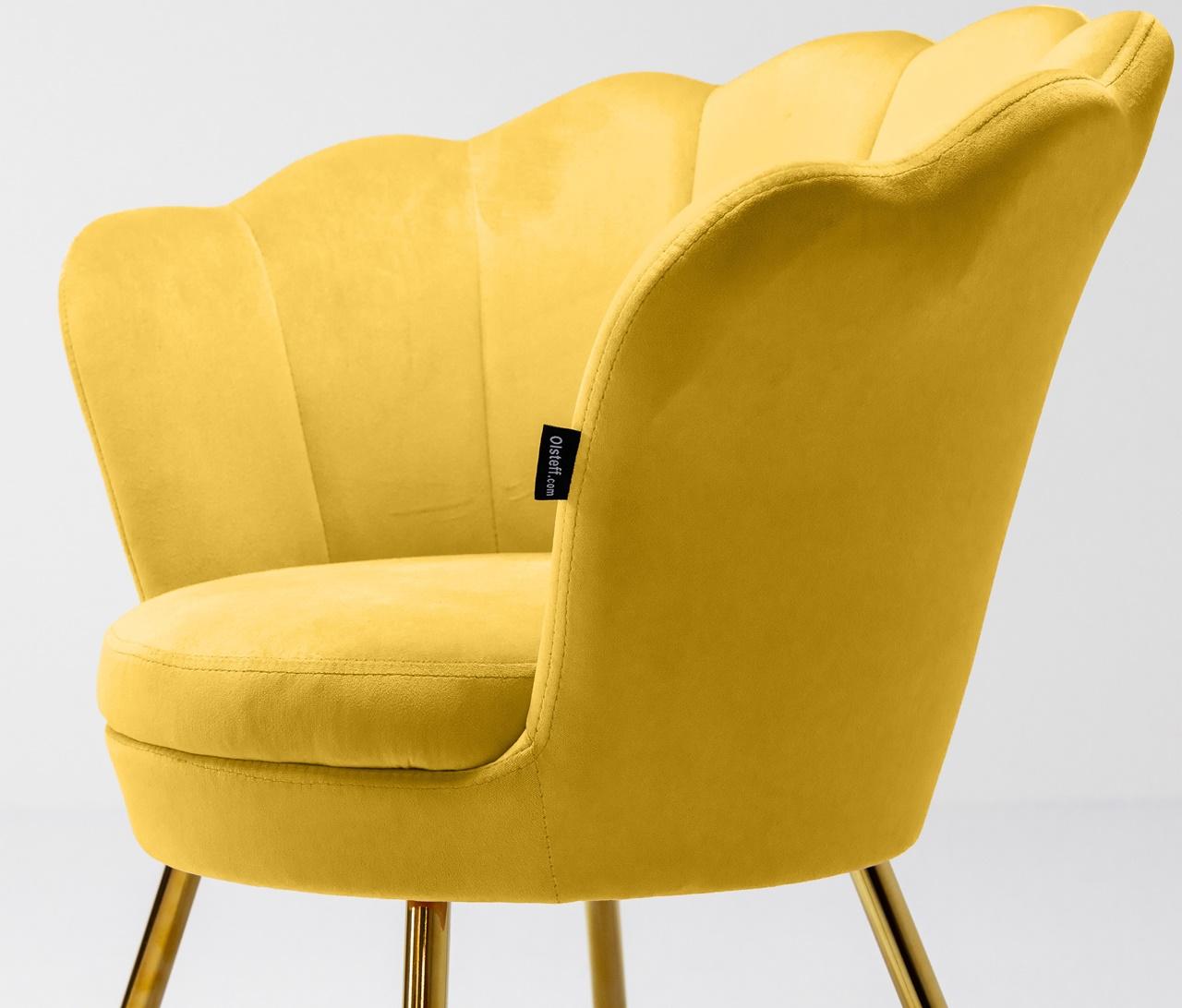 tkanina fotela żółtego muszelka na złotych nogach