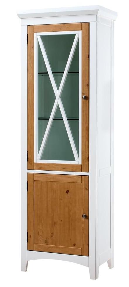 Wysoka witryna ze szklanymi półkami biała brązowa