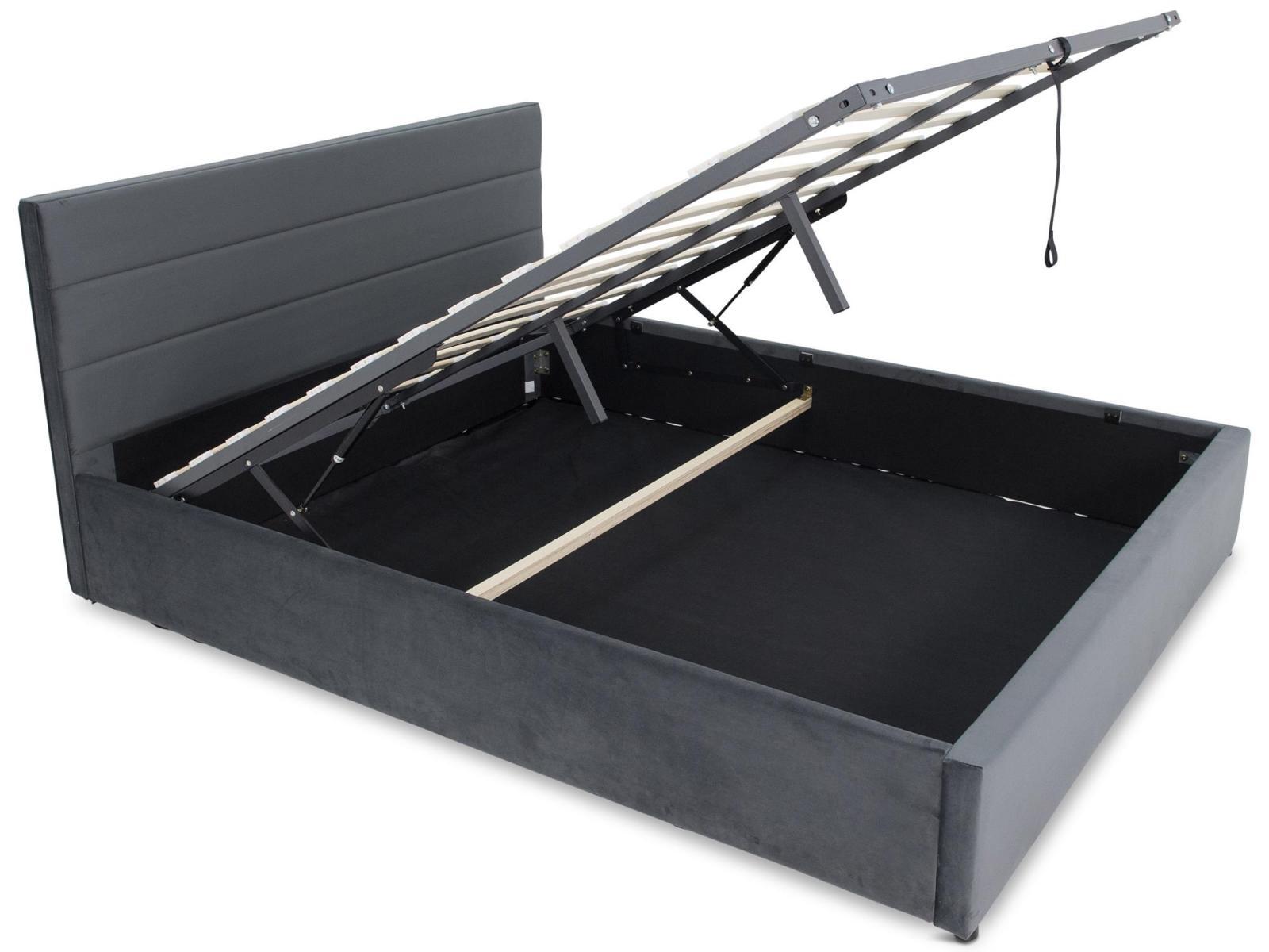 duże ciemnoszare łóżko do sypialni z podnoszonym stelażem