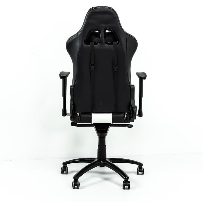 tył biało-czarnego fotela biurowego gamingowego