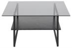 Okaya coffee table, glass smoke stained, 6 mm, 1 shelve melamine marble print black, base powder coated rough, matt black, L:80 W:80 H:42 cm