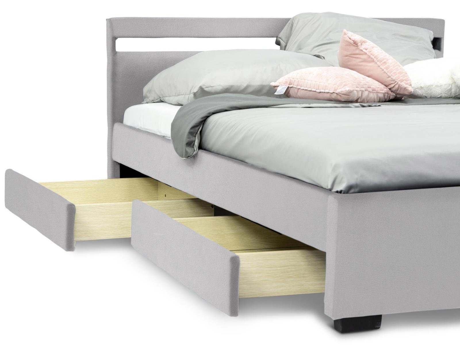 jasnoszare łóżko z pojemnikami na pościel